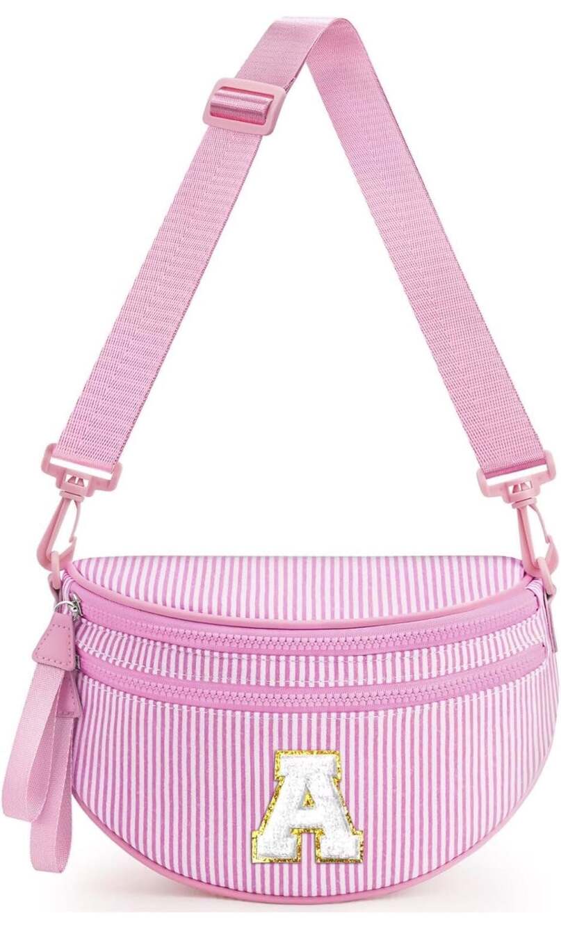Initial Chenille Letter Crossbody Belt Bag in Pink Striped Fabric